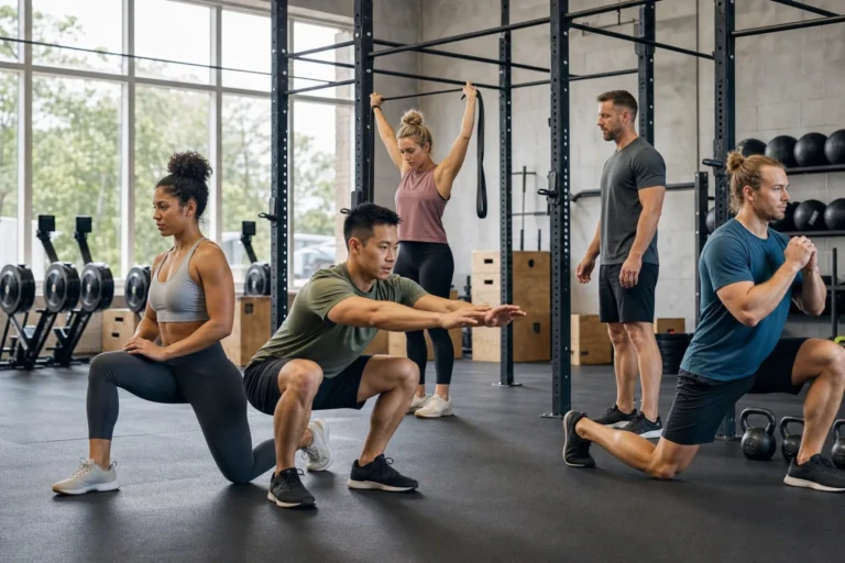 CrossFit athletes going through a structured warm-up before a WOD