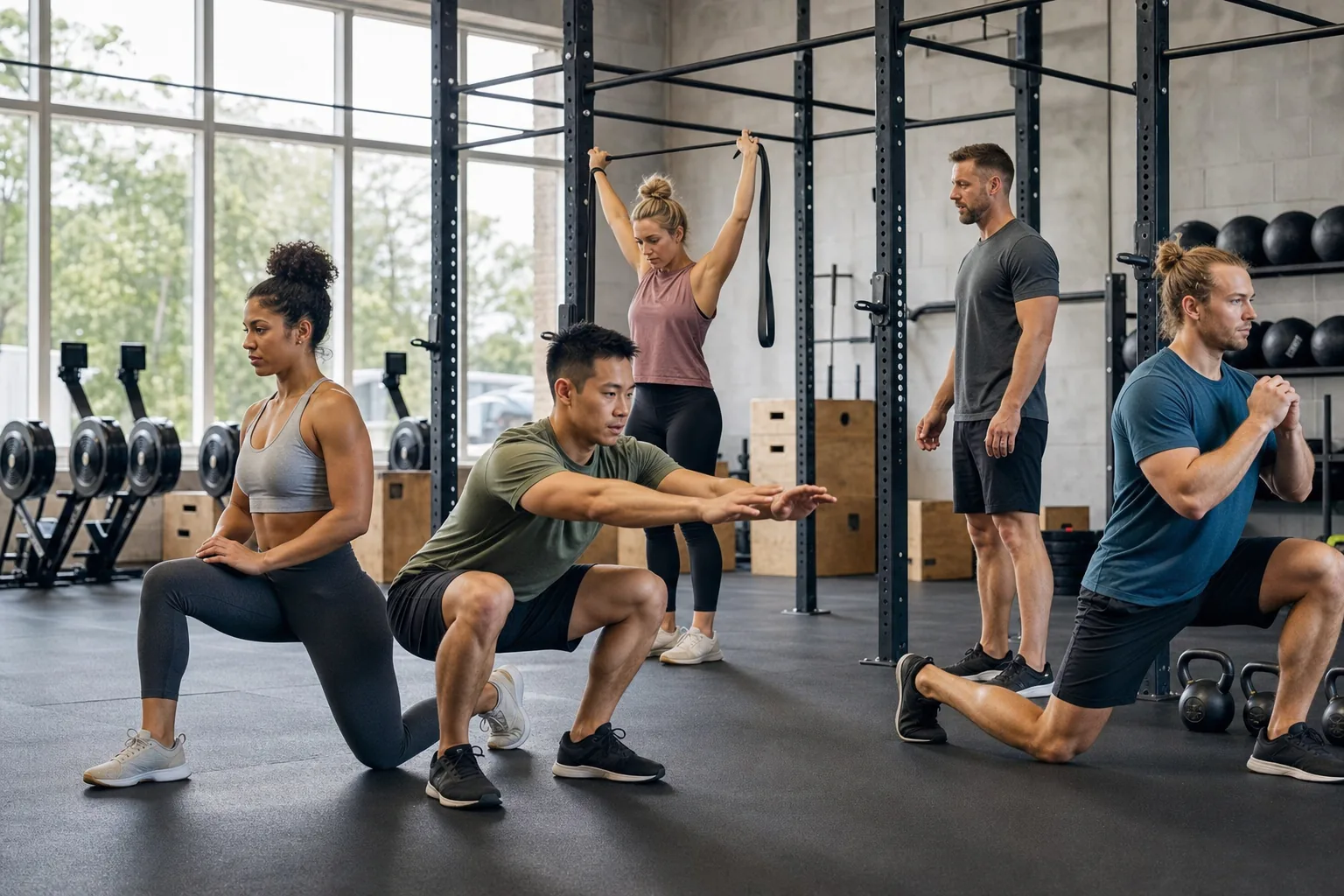 CrossFit athletes going through a structured warm-up before a WOD