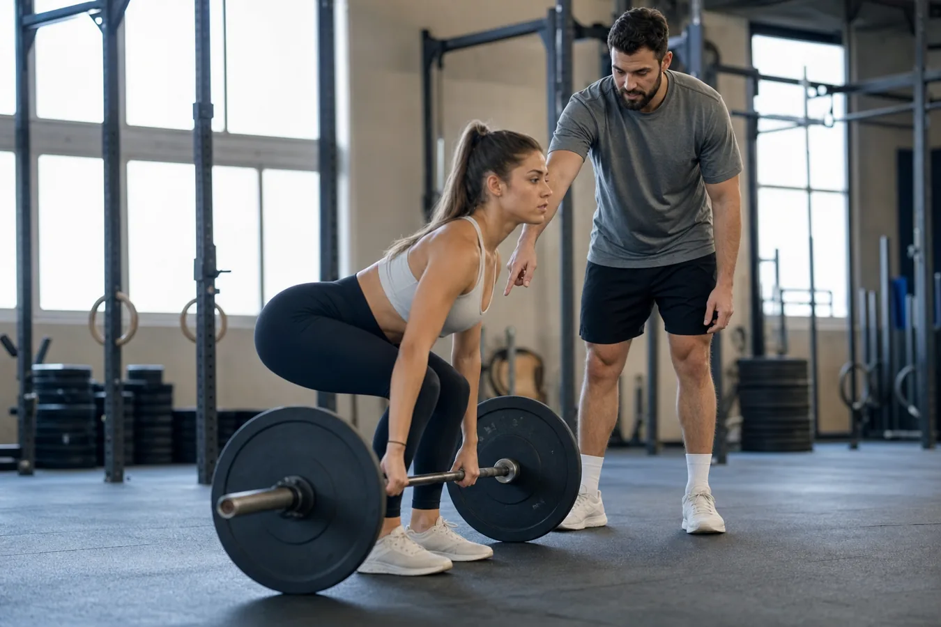Athlete practicing a light CrossFit deadlift setup from the floor
