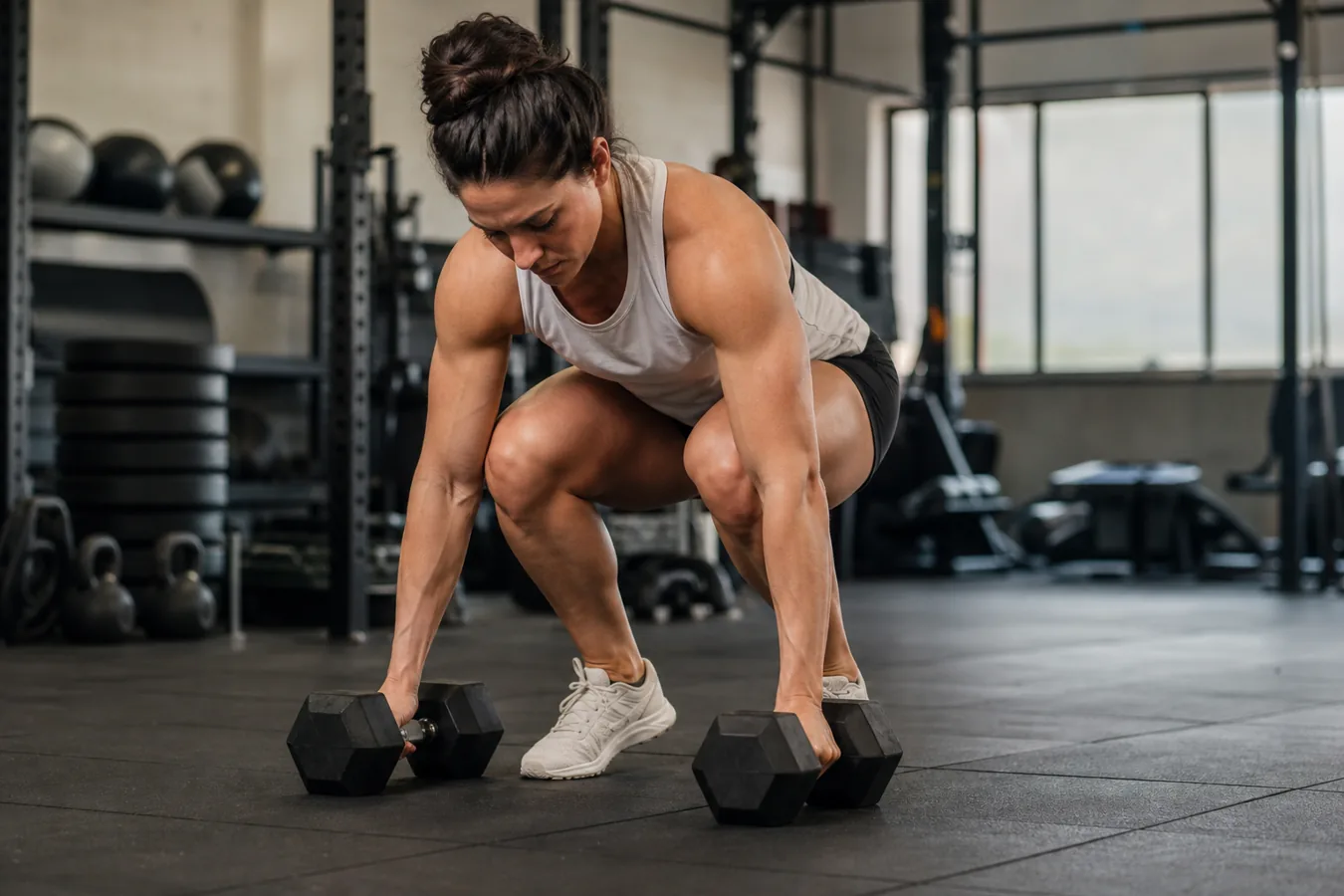 CrossFit athlete moving through the dumbbell burpee phase of a devil press