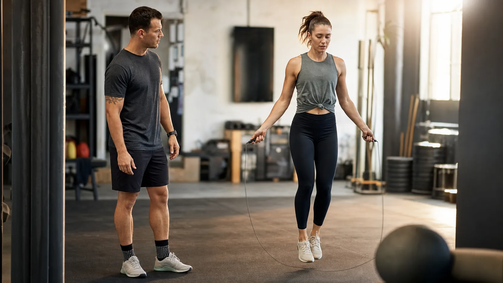 Coach watching an athlete practice relaxed jump rope timing in a gym