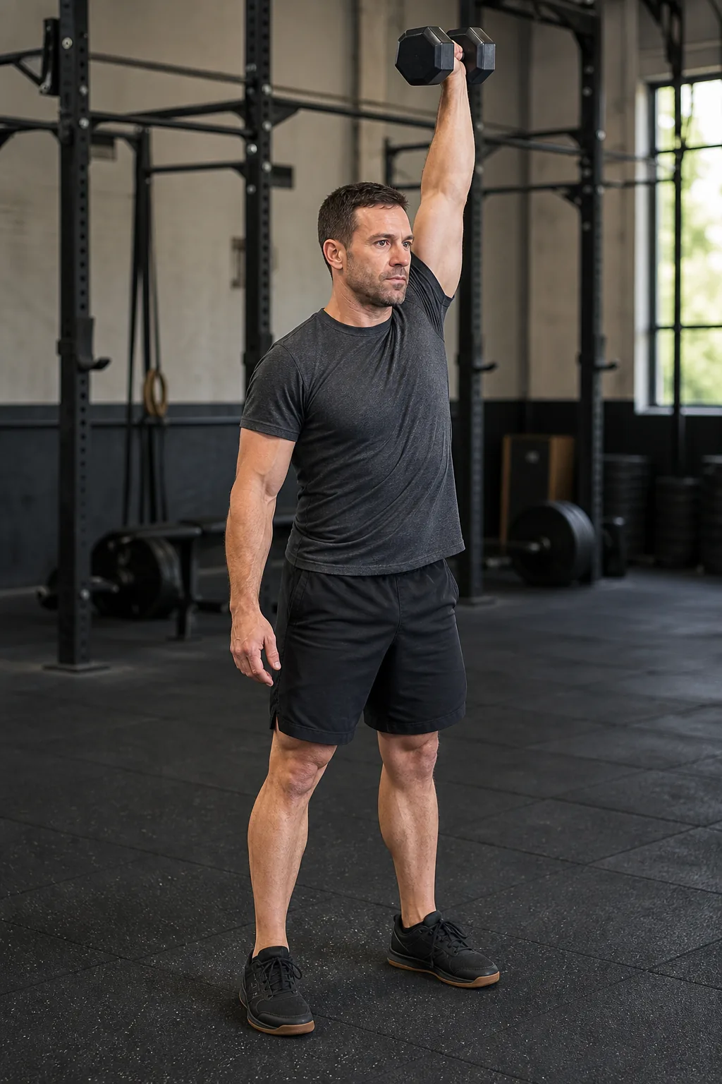 Athlete finishing a dumbbell snatch overhead with a stable lockout