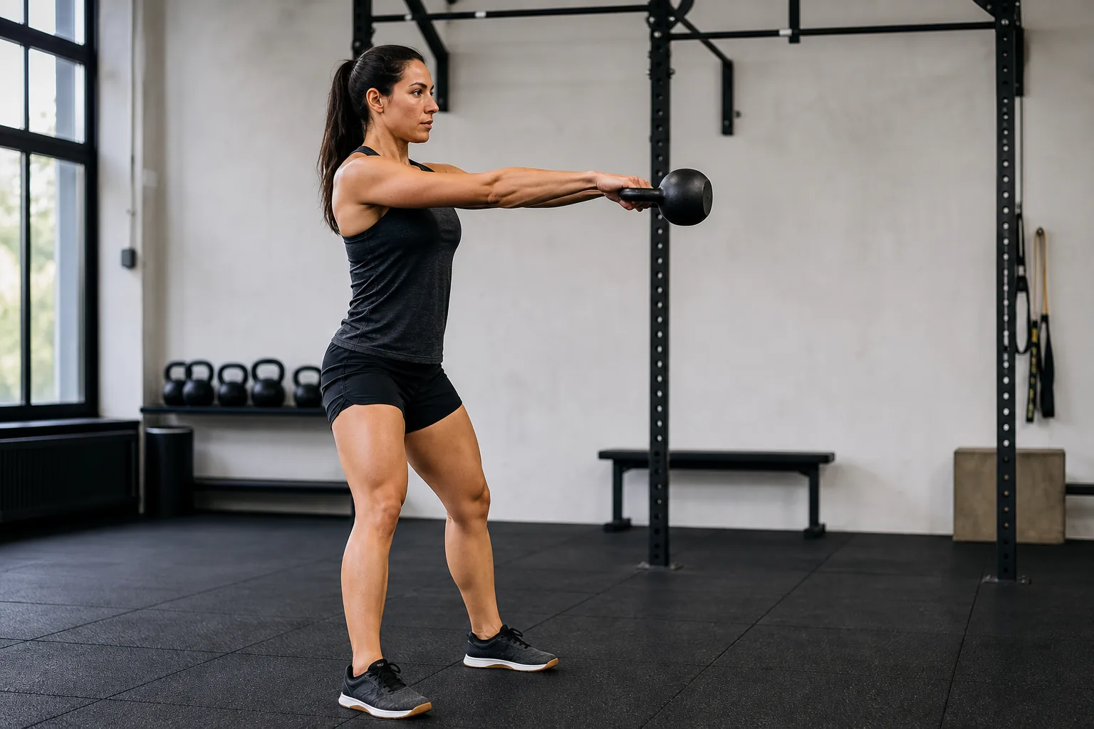 Athlete performing controlled kettlebell swings during an EMOM workout