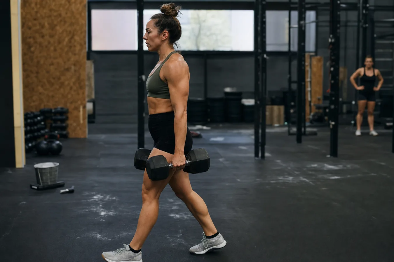 Athlete walking with two dumbbells in a farmer carry with shoulders packed