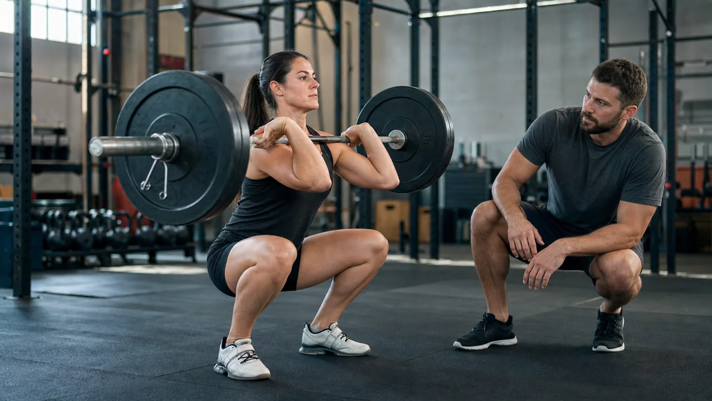 CrossFit athlete holding a strong front squat rack position