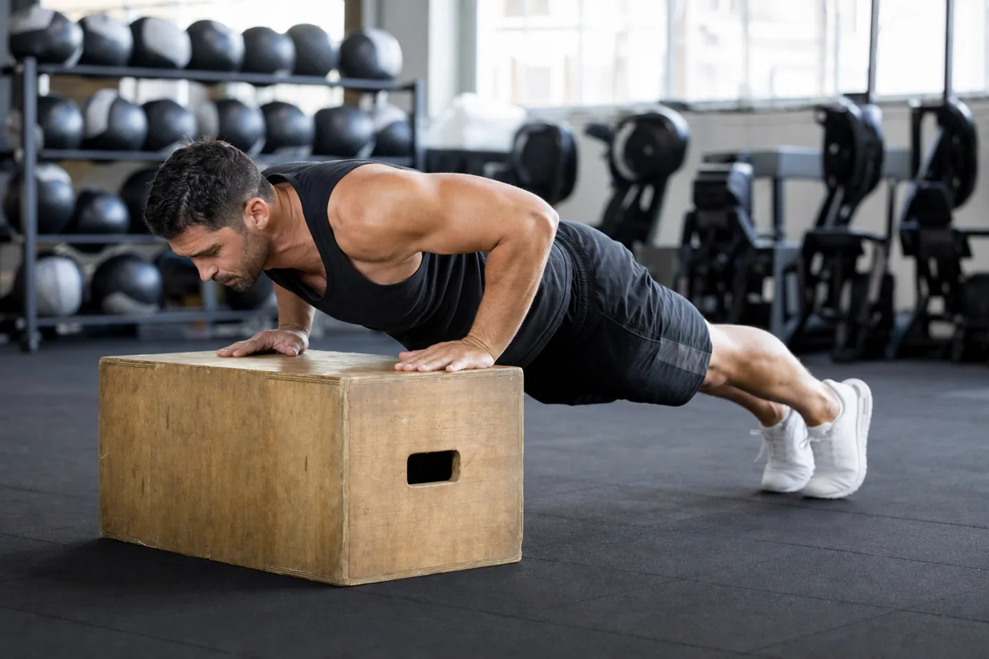 CrossFit athlete scaling a hand release push-up with hands on a low box