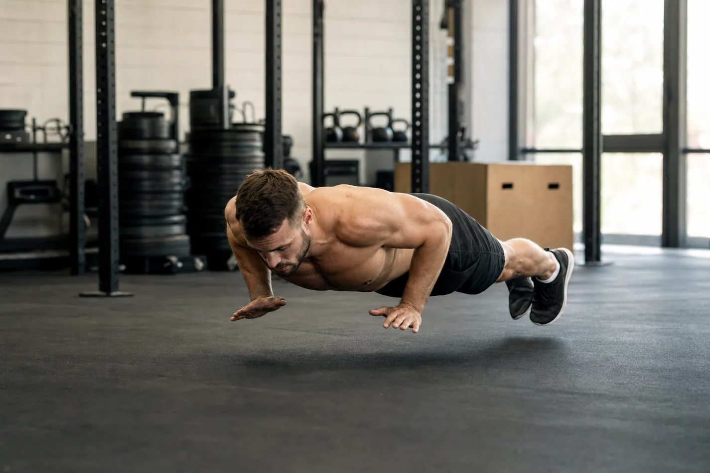 CrossFit athlete performing a hand release push-up on a gym floor