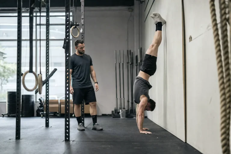 CrossFit athlete practicing a handstand push-up against a wall