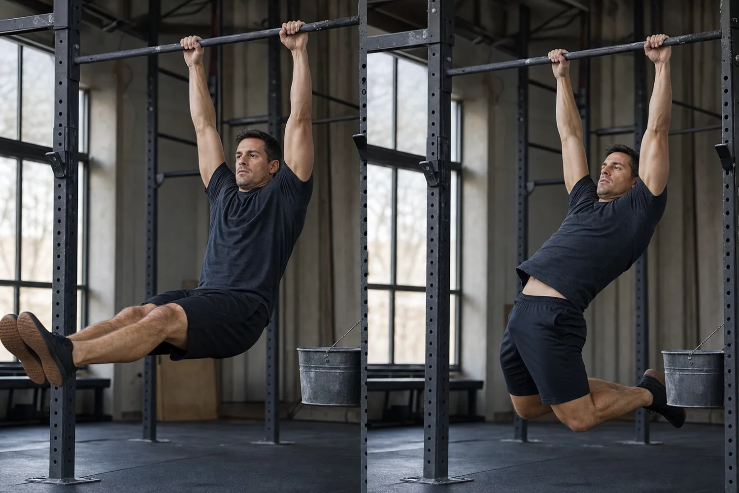 Athlete practicing hollow and arch positions on a pull-up bar