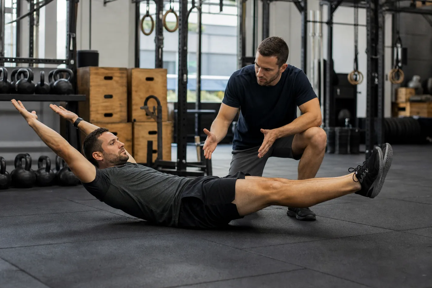 CrossFit athlete holding a hollow body position on a gym mat