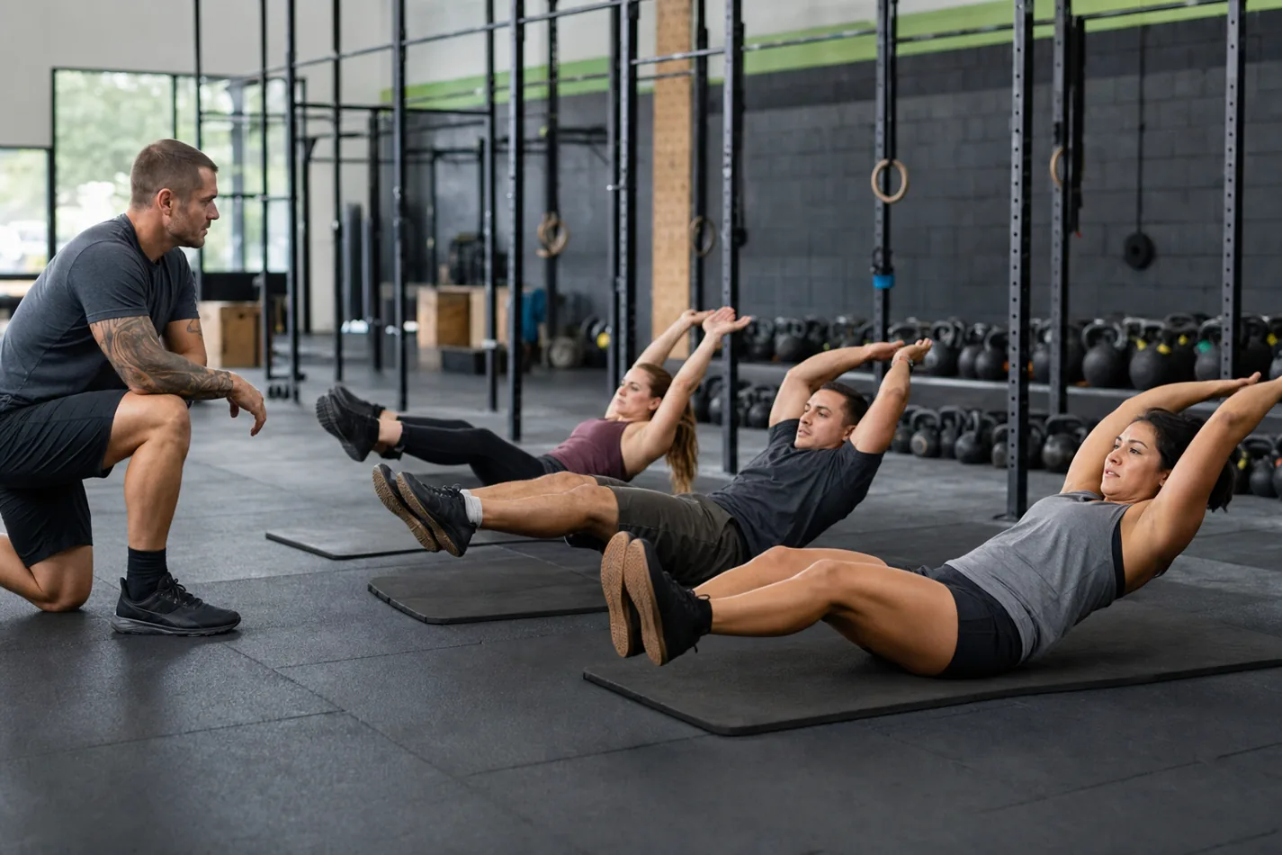 CrossFit class practicing hollow rocks on gym mats during warm-up