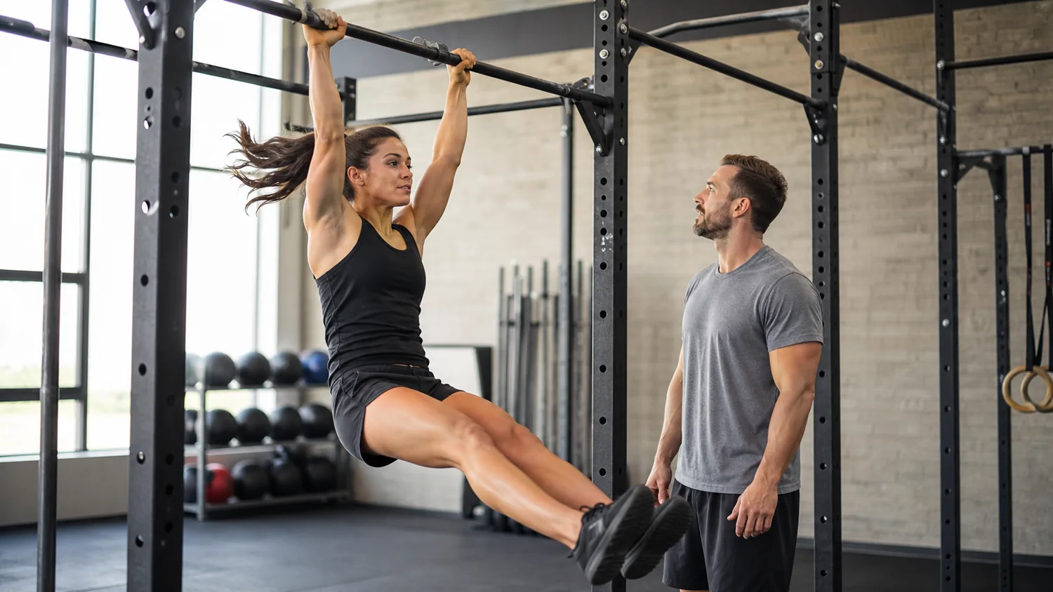 Athlete practicing kipping pull-ups on a CrossFit rig