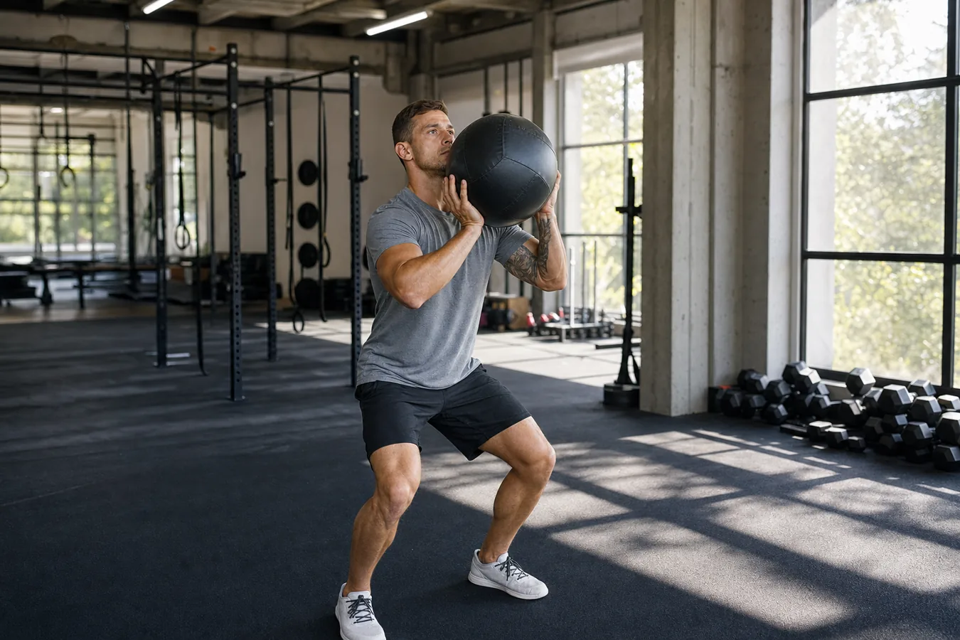 Athlete catching a medicine ball clean with elbows high and torso braced