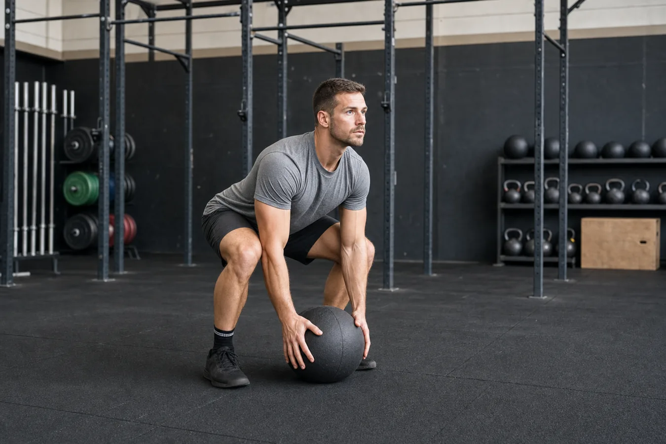 Athlete setting up for a medicine ball clean with hips loaded and back flat