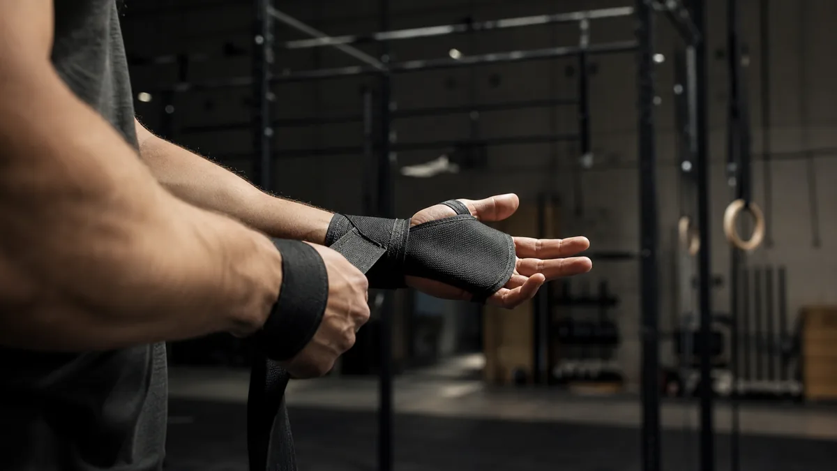 Sportif ajustant ses maniques avant des tractions