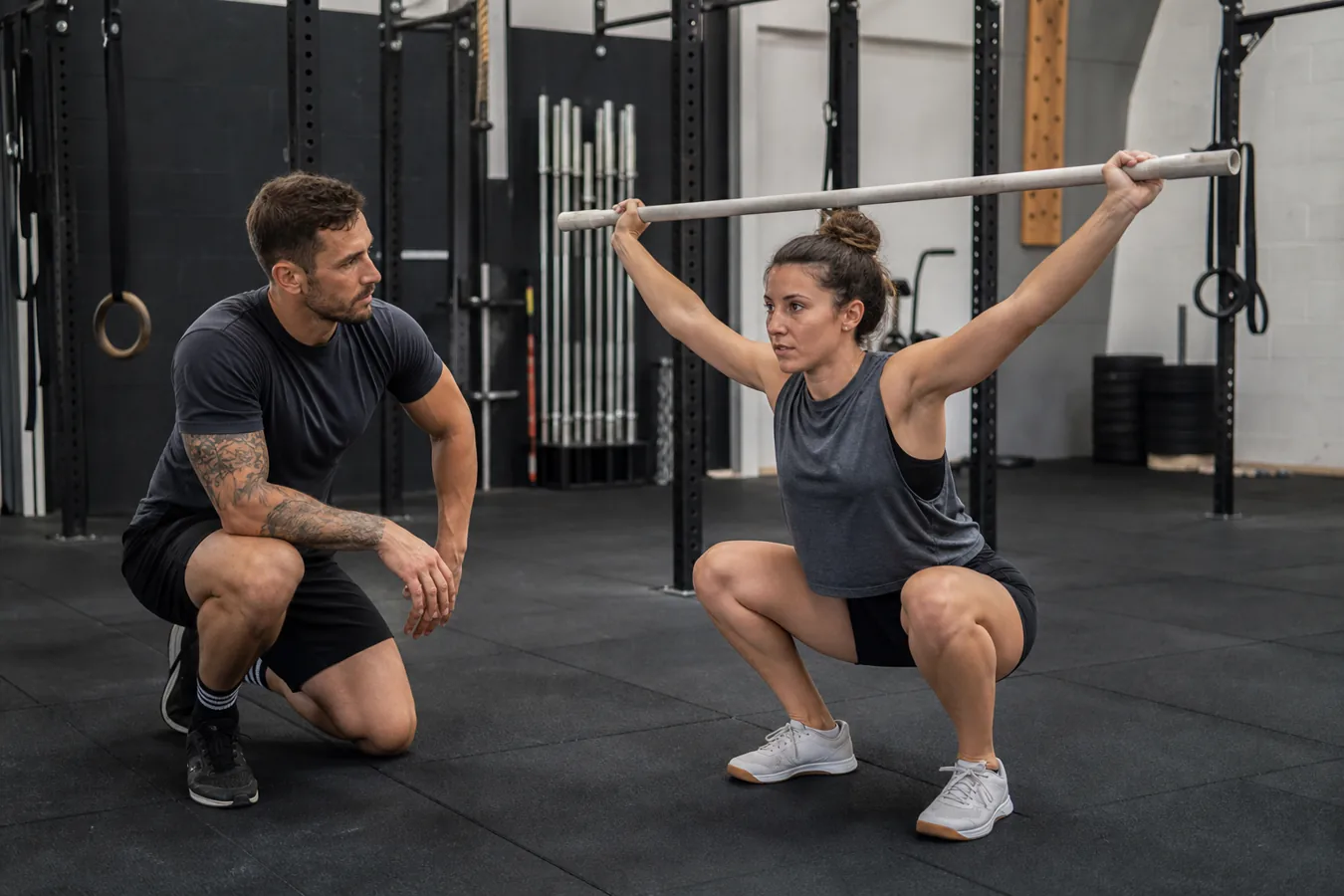 CrossFit coach watching an athlete perform a light overhead squat