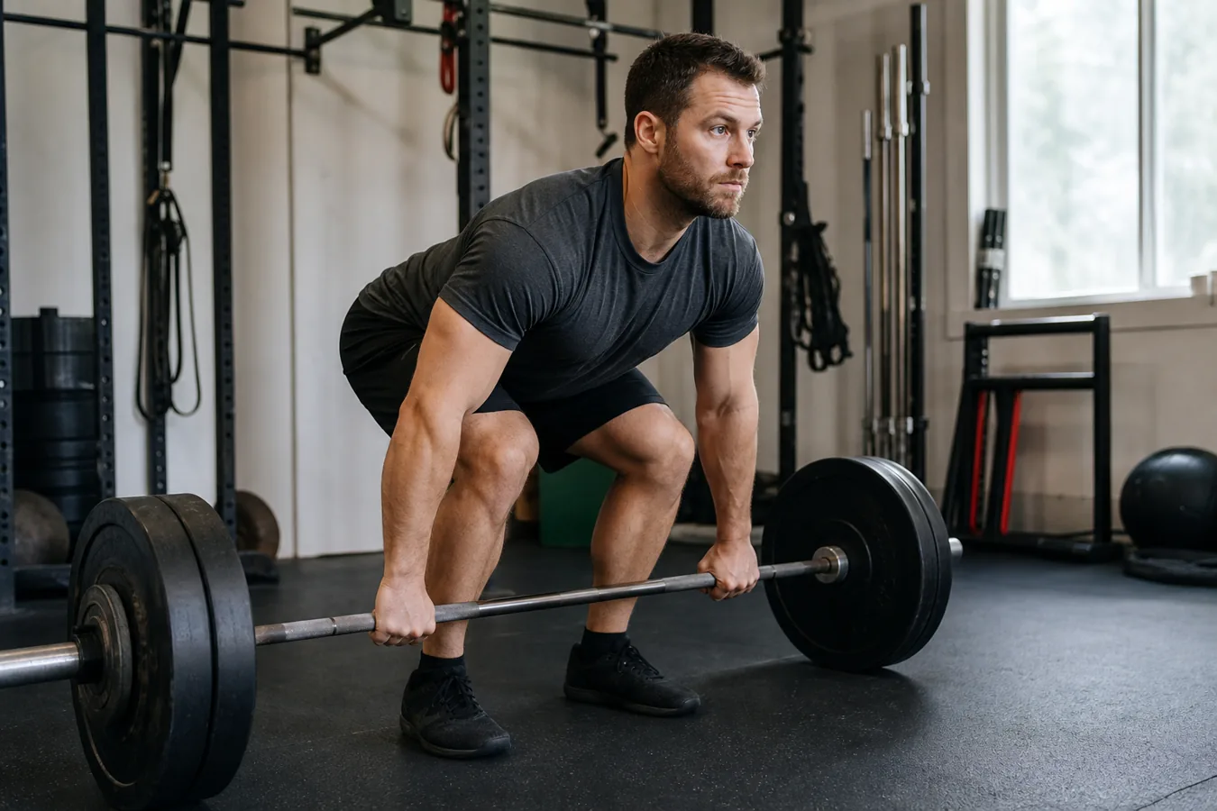 CrossFit athlete setting up a barbell power clean from the floor