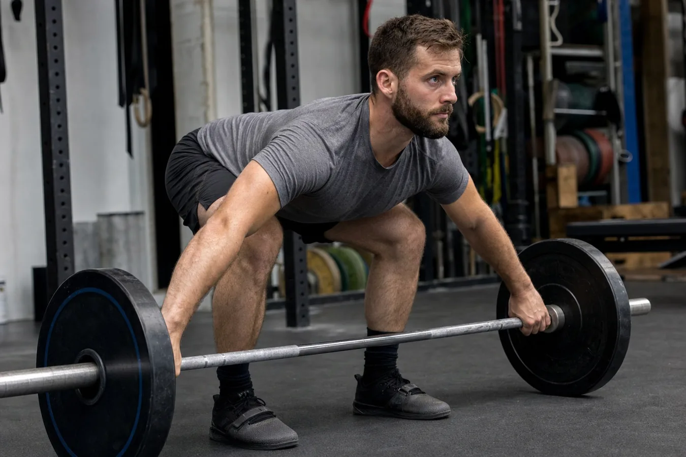 CrossFit athlete setting up a barbell power snatch from the floor