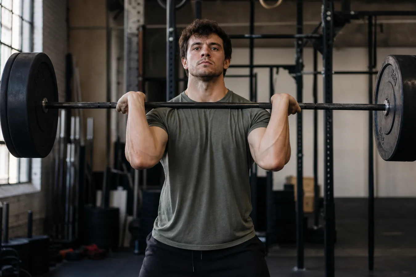CrossFit athlete setting up a barbell push press from the front rack