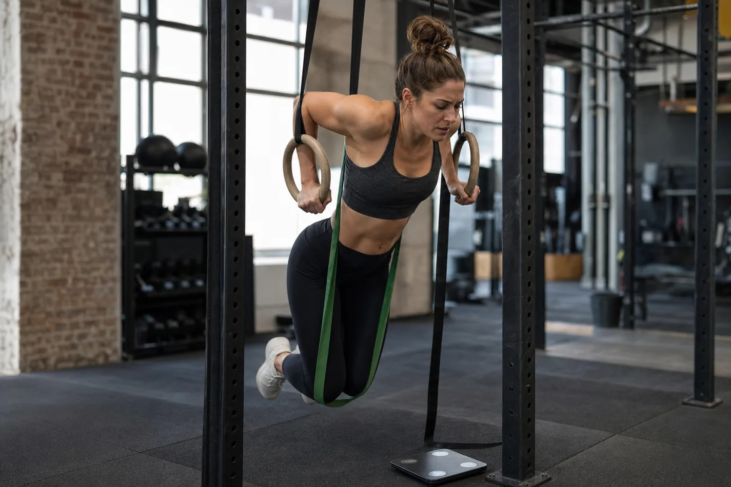 Athlete using a band-assisted ring dip scale in a CrossFit gym