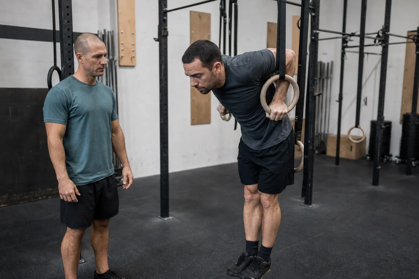 Athlete controlling the bottom position of a CrossFit ring dip