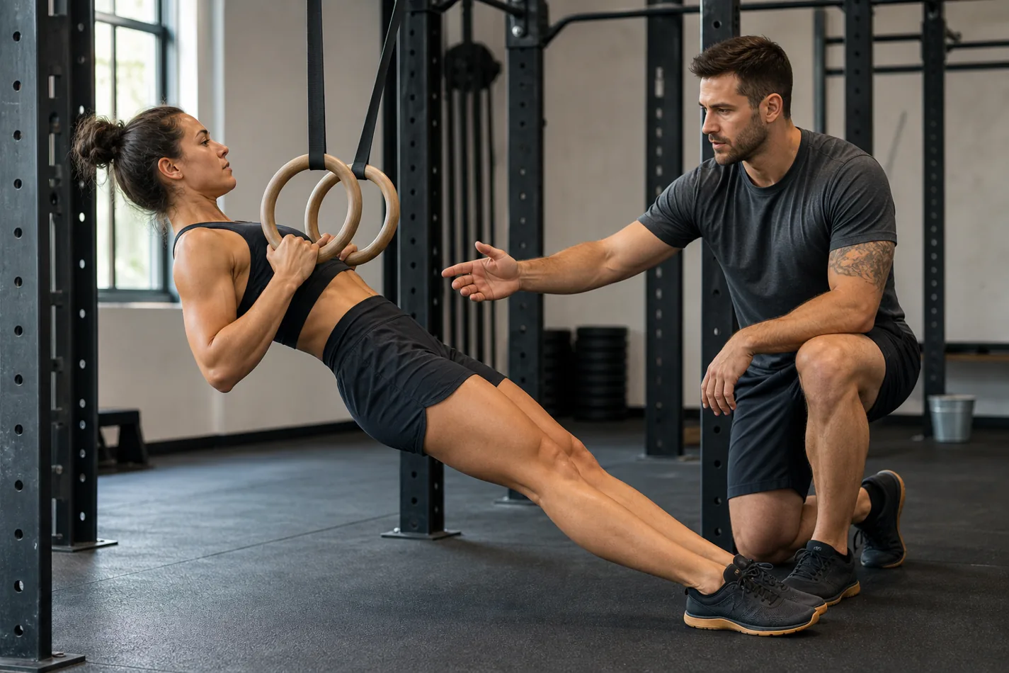 CrossFit athlete pulling a harder ring row variation with feet forward