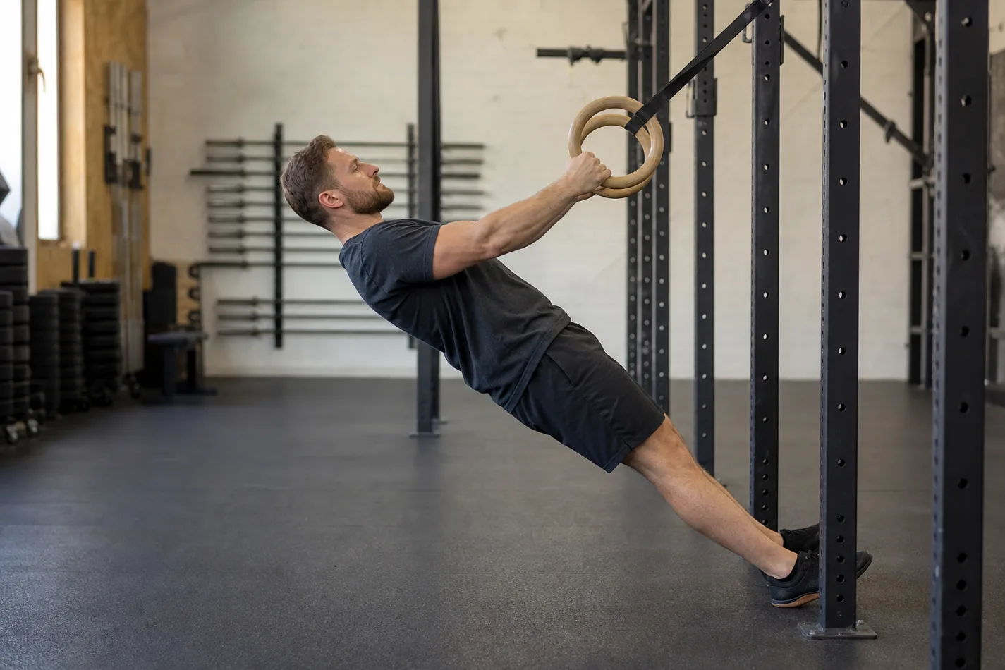 CrossFit athlete setting a straight body position before a ring row