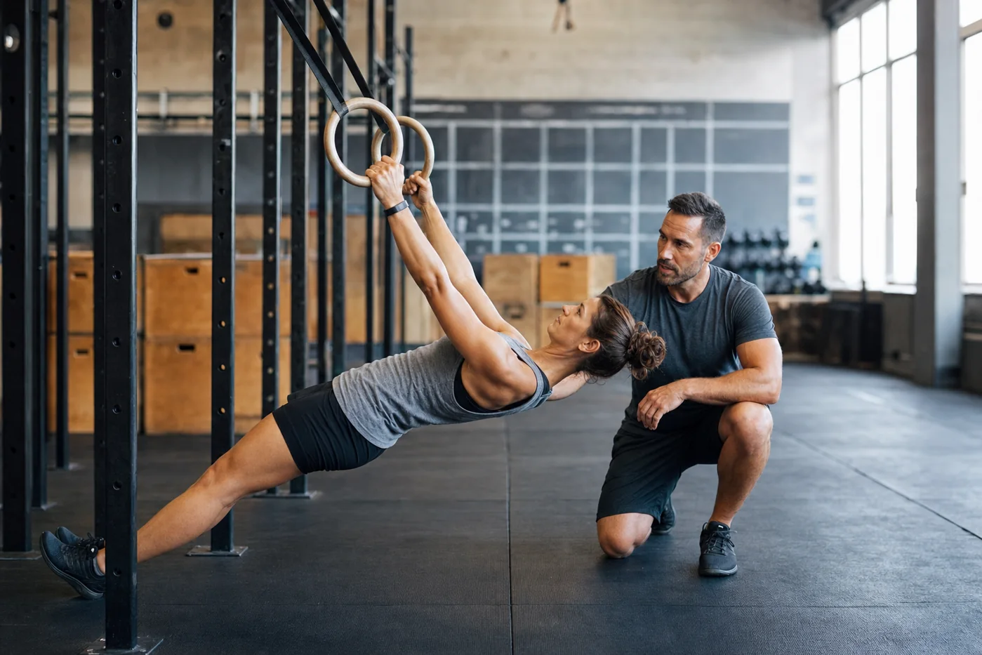 Athlete using ring rows as a scaled pull-up option in a CrossFit gym