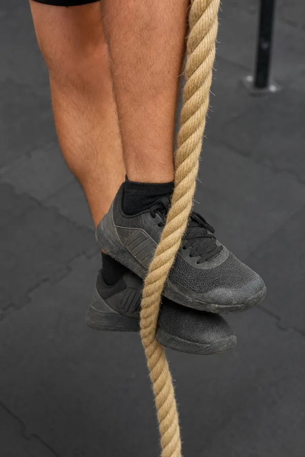 Close-up of a CrossFit athlete practicing a J-hook rope climb foot lock