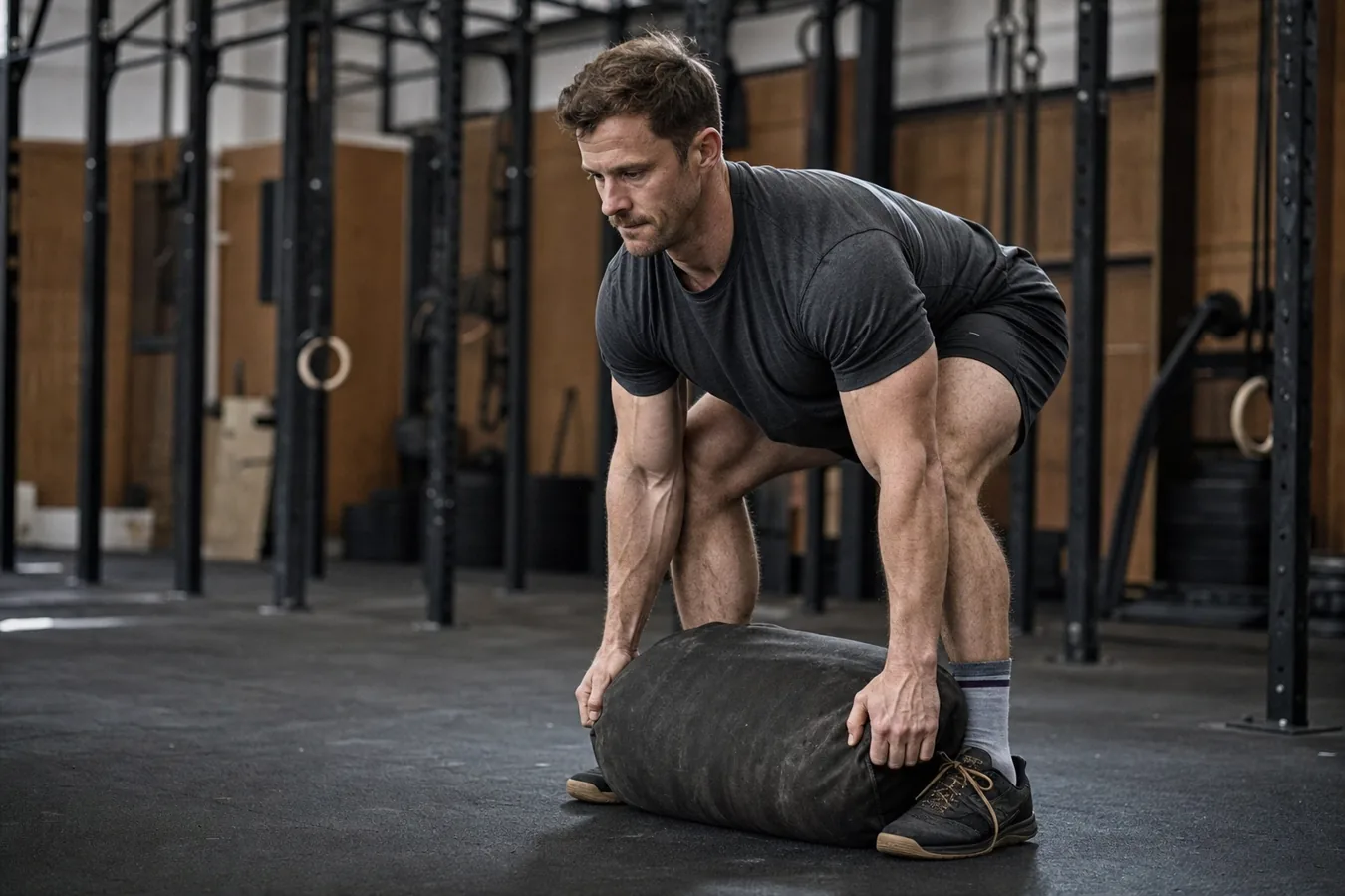 Athlete gripping a sandbag close to the shins before a CrossFit sandbag clean