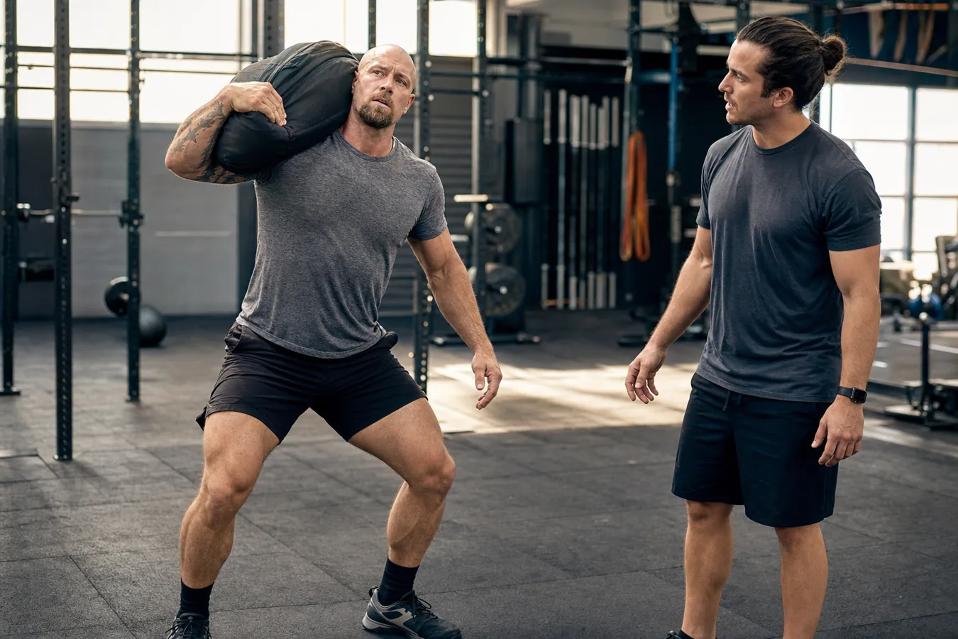 CrossFit athlete finishing a sandbag clean to the shoulder with stable posture