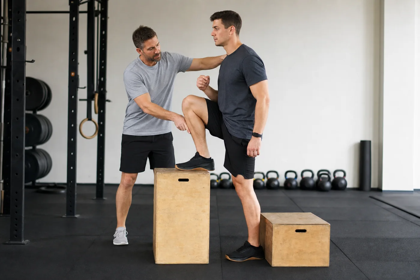 Athlete practicing a scaled box step-up during CrossFit training