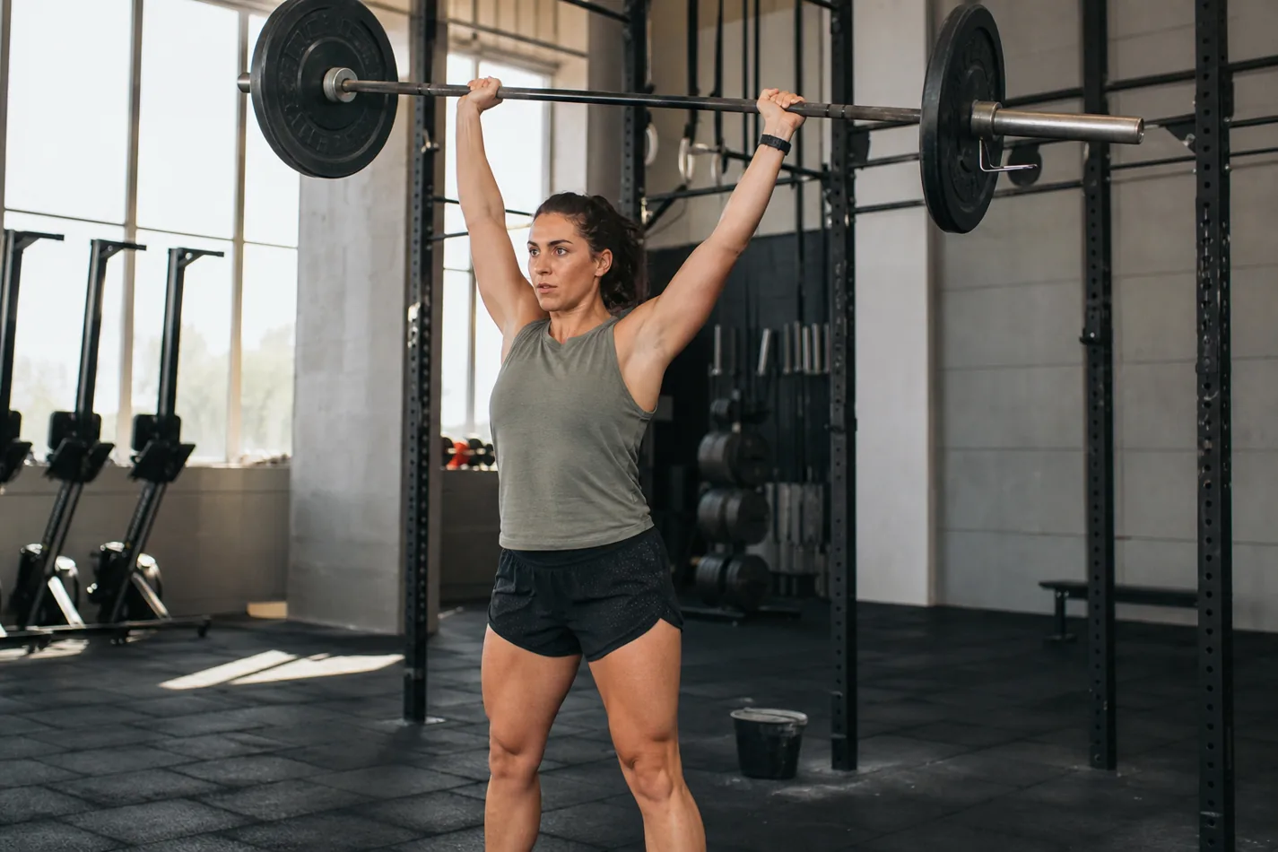 CrossFit athlete locking out a shoulder to overhead barbell rep in a gym
