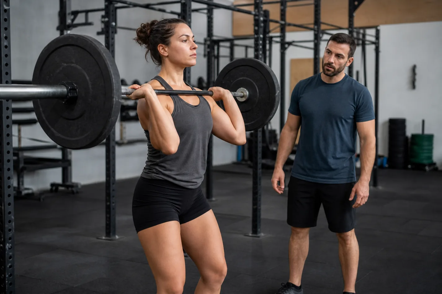 Athlete setting up in the front rack before a CrossFit shoulder to overhead lift