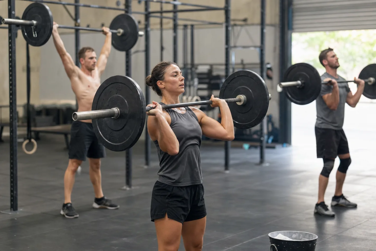 CrossFit athletes cycling shoulder to overhead reps during a barbell workout