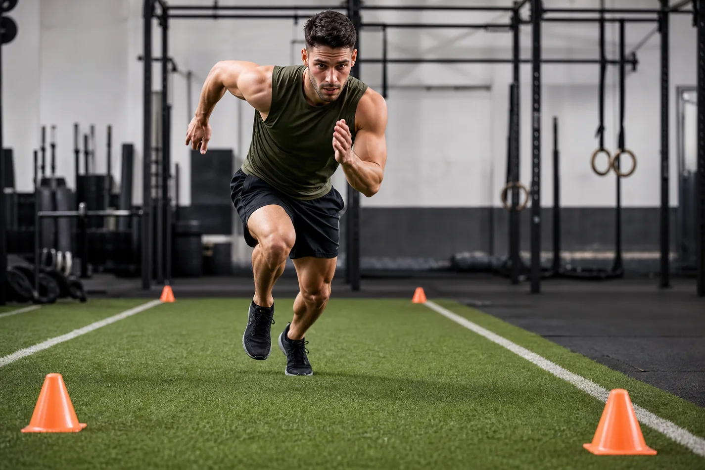 Athlete sprinting a shuttle run on an indoor CrossFit turf lane