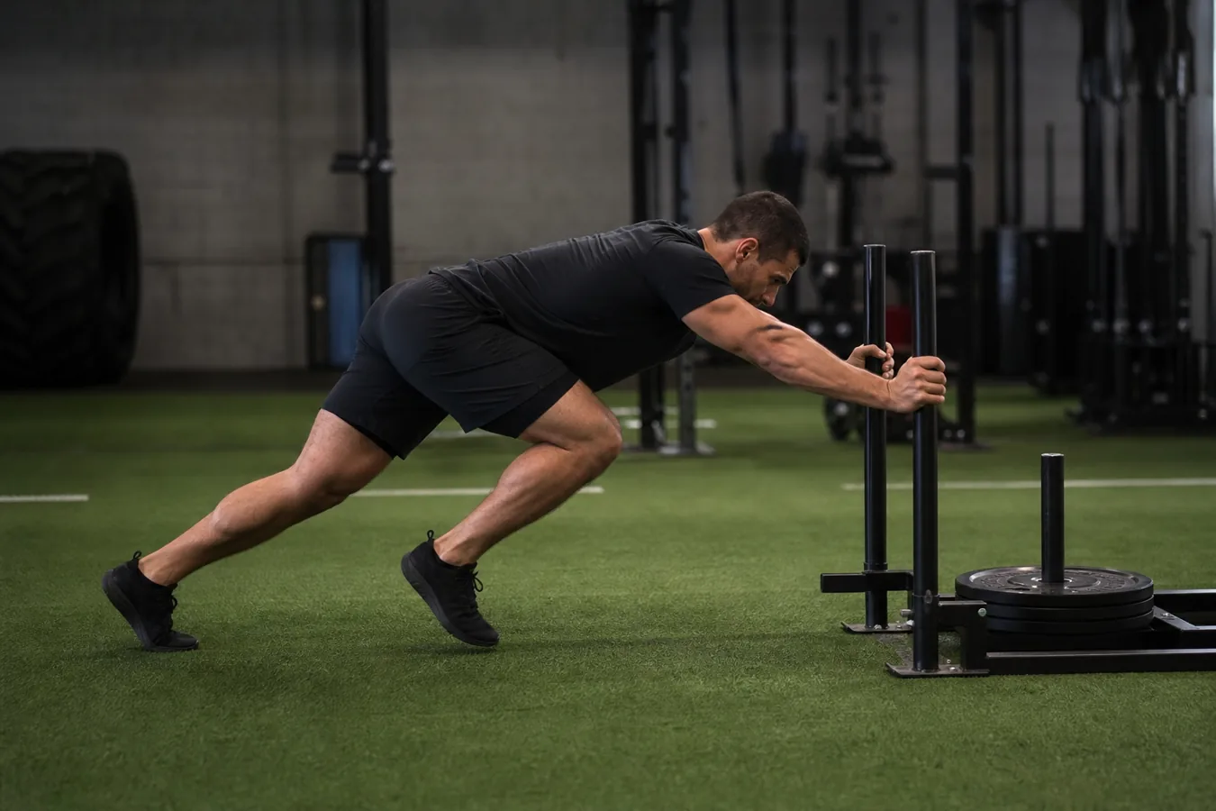 Athlete setting body angle before a CrossFit sled push