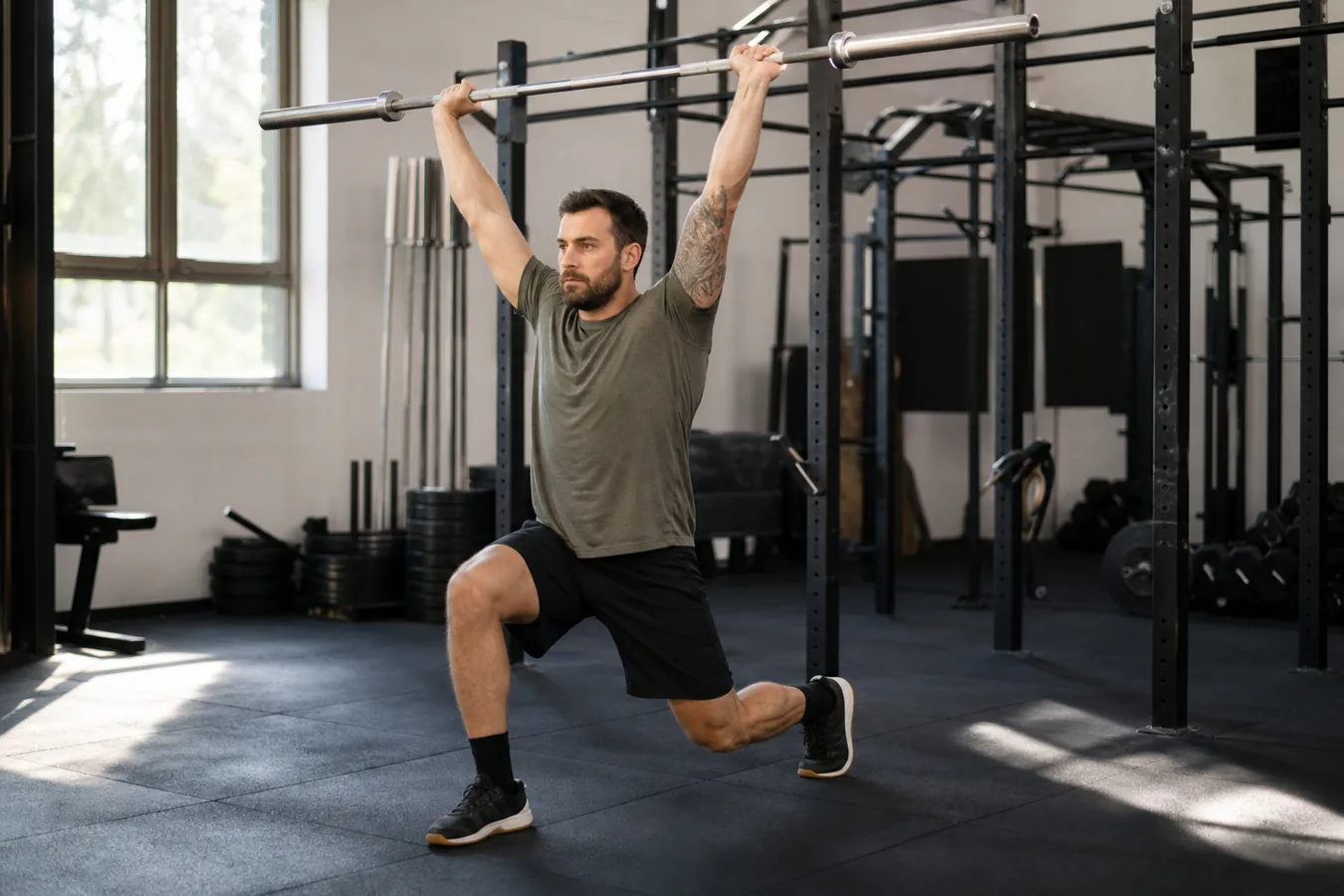 CrossFit athlete drilling split jerk footwork with an empty barbell