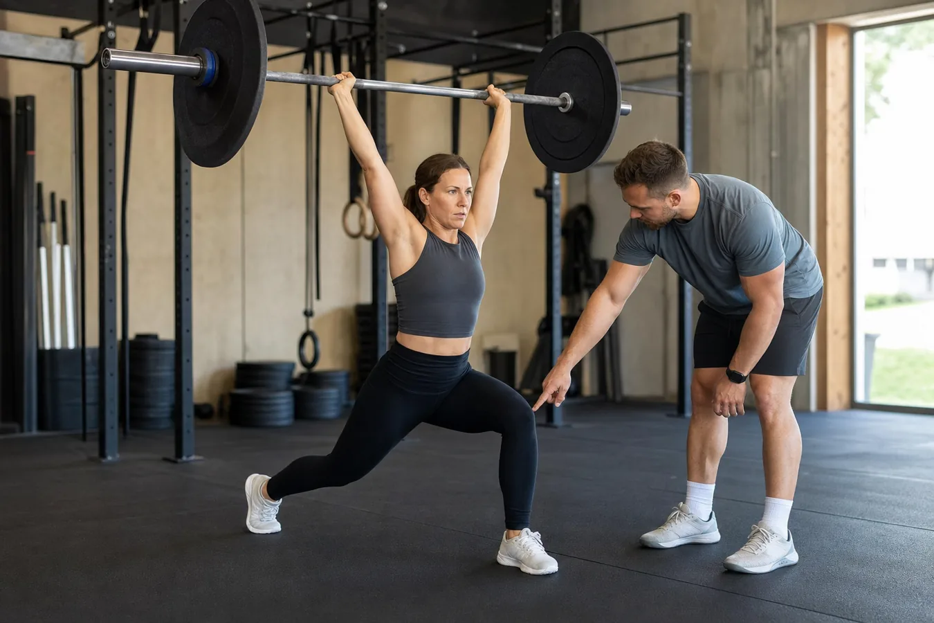 CrossFit athlete receiving a split jerk with locked elbows and stable feet