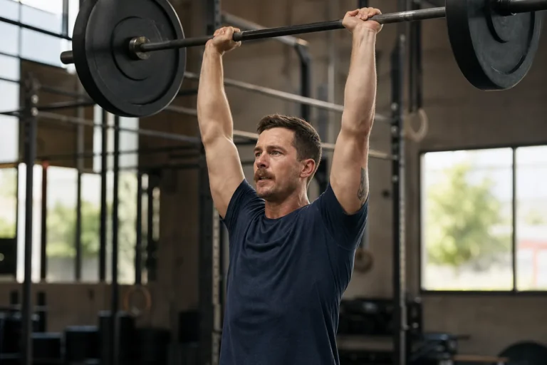 CrossFit athlete pressing a barbell overhead in a strict press