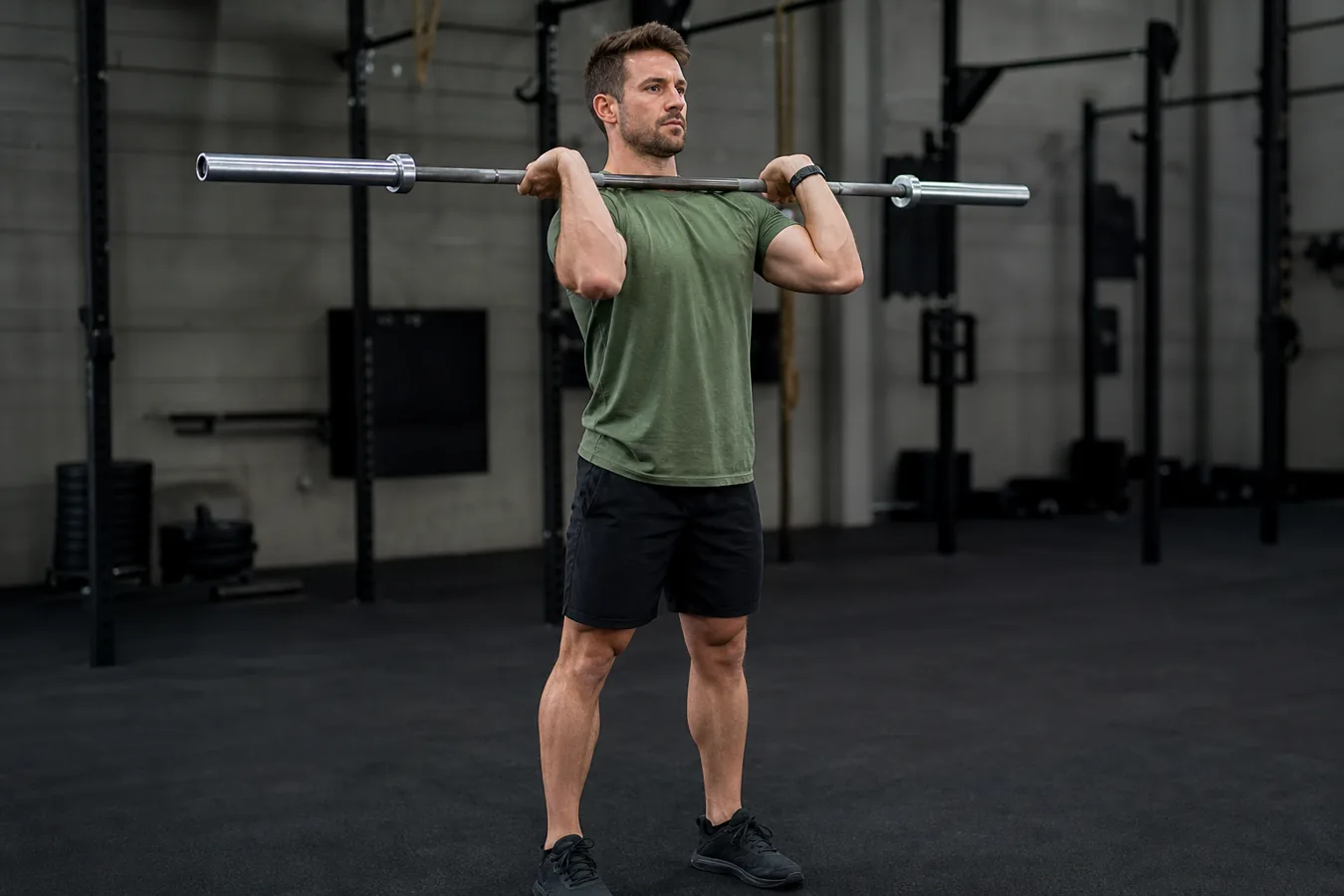 Athlete setting up a strict press with an empty barbell in a CrossFit gym