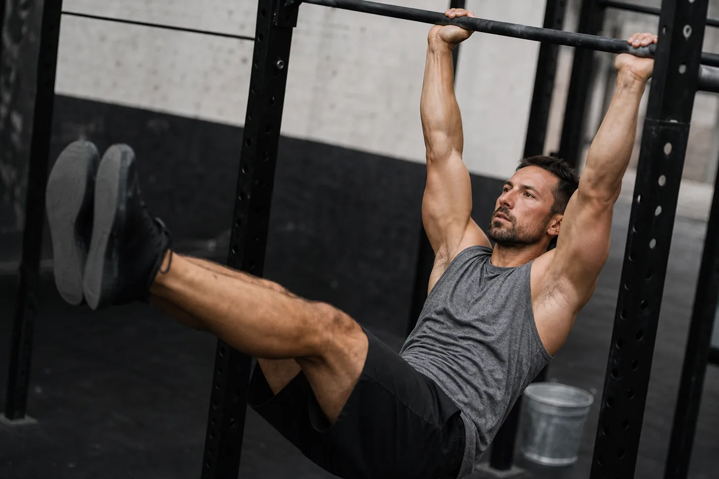 CrossFit athlete holding an active hang before a strict pull-up