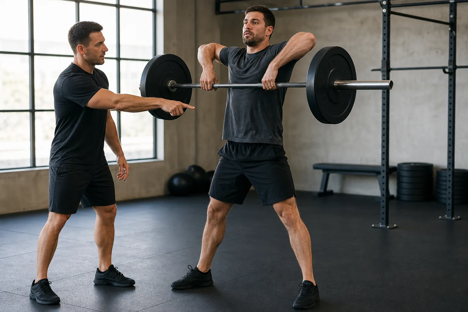 Coach cueing the bar path during a sumo deadlift high pull drill