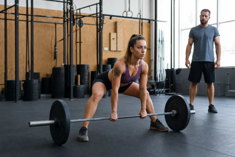 Athlete setting up for a sumo deadlift high pull in a CrossFit gym