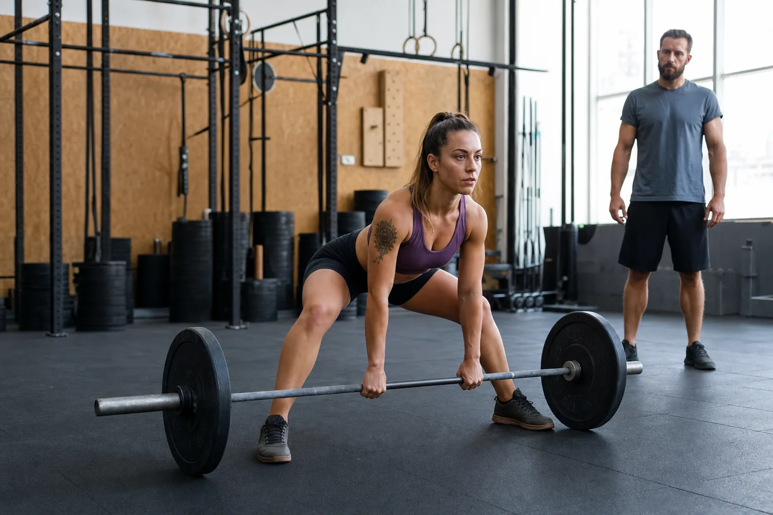 Athlete setting up for a sumo deadlift high pull in a CrossFit gym