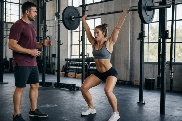 CrossFit athlete performing a barbell thruster in a gym