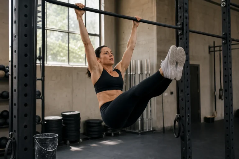 CrossFit athlete practicing toes-to-bar timing on a pull-up rig