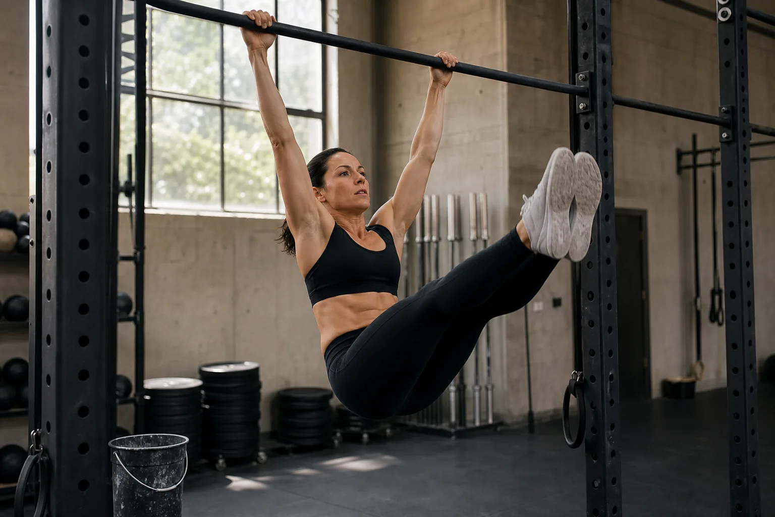 CrossFit athlete practicing toes-to-bar timing on a pull-up rig