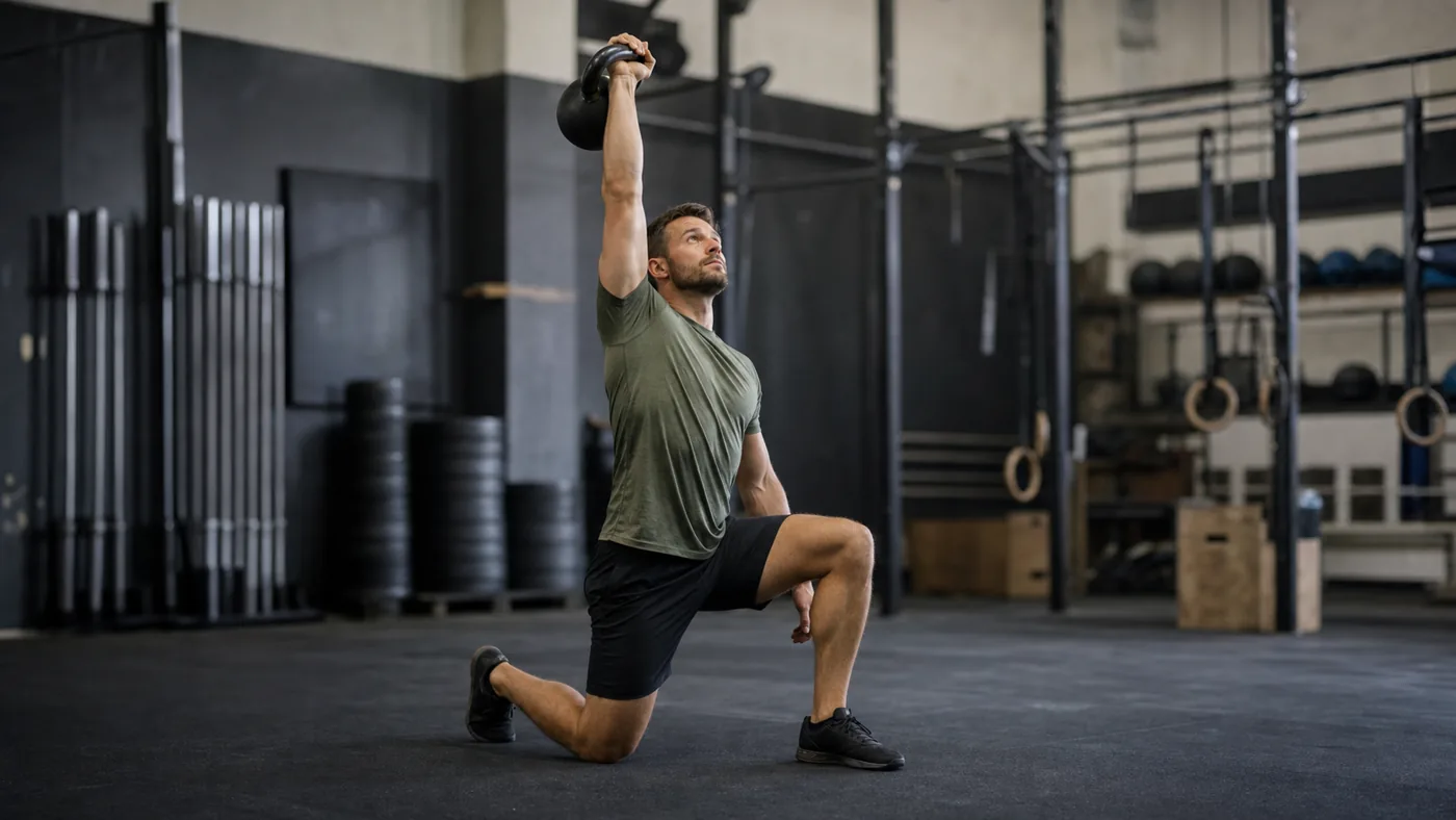 Athlete holding a kettlebell overhead in the half-kneeling stage of a Turkish get-up