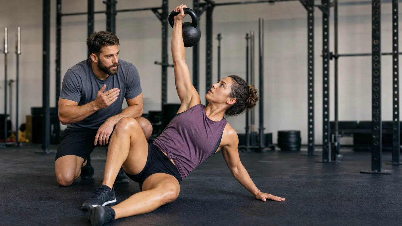 Athlete lowering a kettlebell Turkish get-up under control with one hand posted on the floor